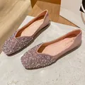 Elegant pink square-toe flat shoes embellished with pearls and sparkling rhinestones. - 34 / Pink