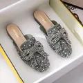 Elegant dark green rhinestone flat mules for women with a large decorative bow. - 34 / Green