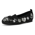 Elegant black ballet flats with round toe bow and rhinestone flower embellishments - 34 / Black