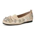 Elegant champagne satin ballet flats with rhinestone flower patterns and bow detail - 34 / Apricot