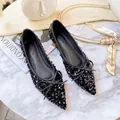 Elegant black sequined pointed toe flats with delicate bow decoration for women - 34 / Bow Sequin Pointed Toe Style (T98) / Black