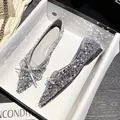 Silver sequined pointed-toe flat shoes with an elegant bow detail - 34 / Bow Sequin Pointed Toe Style (T98) / Silver