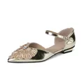Gold pointed-toe Mary Jane sandals with rhinestone embellishment and low block heel. - 34 / Gold