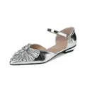 Elegant silver pointed toe flat sandals with rhinestone decor and ankle strap - 34 / Silver