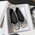 Fairy style black flat shoes with luxury rhinestone and pearl bow decoration - 34 / Black