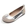 Women's silver metallic fake split toe ballet flats with elegant tan suede patchwork - Silver / 34