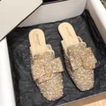 Elegant women's flat mules with sparkling rhinestones, pearls and a bow decoration - 34 / Bowknot Buckle Style / Apricot