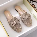 Sparkling flat mule slippers for women with elegant rhinestone and pearl bow decor - 34 / Apricot