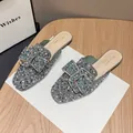 Elegant flat mule slippers featuring sparkling rhinestone and pearl embellishments - 34 / Green