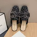 Black flat mule slippers for women with sparkling rhinestone and pearl embellishments - 34 / Black