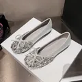 Elegant sparkling silver glitter ballet flats with rhinestone bow and soft cushioned sole - 34 / Silver