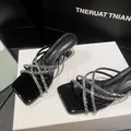 Elegant French style black patent leather high heel sandals with sparkling rhinestone straps - 34 / Black