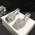 Elegant silver high-heeled mules with multiple sparkling rhinestone straps for women - 34 / Silver