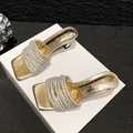 Elegant French style gold high heel mules with sparkling rhinestone straps for women - 34 / Gold