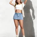 High-waisted vintage light blue denim mini skirt with a built-in shorts lining for women - Light Blue