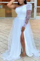 Elegant white one-shoulder mesh maxi dress featuring puff sleeve and high leg slit - XL / Dresses / White