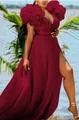 Elegant wine red plus size mesh maxi dress with dramatic ruffle sleeves and leg slit - L / Dresses / Burgundy