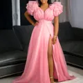 Elegant pink tulle maxi dress with ruffled sleeves and high slit for evening parties. - L / Dresses / Pink