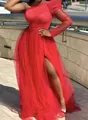 Elegant red one-shoulder mesh maxi dress with a high side slit and sheer long sleeve. - XL / Dresses / Red