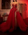 Elegant red off-shoulder evening gown featuring sequin embroidery and a sexy high slit - S / Dresses / Red