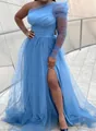 One-shoulder light blue tulle maxi dress with high slit plus size gown - Light Blue