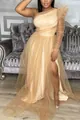 Elegant champagne one-shoulder mesh tulle evening gown with high slit and puff sleeve - Gold