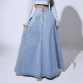 High waisted light blue denim maxi skirt featuring a single-breasted A-line silhouette - XS / Bottoms / Light Blue