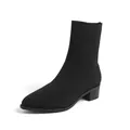 Black pointed toe knit sock boots with a stylish chunky heel for women - 35 / Black
