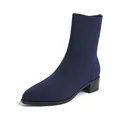 Elegant navy blue pointed toe knit sock boots featuring a comfortable block heel - 35 / Navy Blue