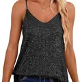 Black sequined V-neck camisole tank top with adjustable spaghetti straps for women - S / Tops / Black