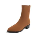 Professional brown knitted sock boots featuring a pointed toe and a comfortable chunky heel. - 35 / Tan