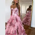 Elegant pink floral strapless corset evening gown with multi-layered tiered ruffled skirt - S / Maxi Dress / Pink Floral