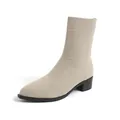 Elegant pointed toe knit sock boots in milk tea beige featuring a chunky black heel - 35 / Apricot