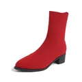 Elegantes botines rojos de punto con punta afilada y un cómodo tacón de bloque negro - Rojo