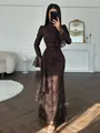 Elegant brown floral lace evening gown with long sleeves and sophisticated high neck - S / Dresses / Coffee