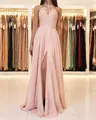 Elegant pink halter neck lace and chiffon evening gown with high leg slit detail. - S / Dresses / Pink
