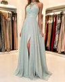 Lace halter top with chiffon long skirt and thigh-high slit detail for prom night - S / Dresses / Light Green