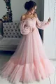 Elegant pink off-shoulder tulle wedding dress with lantern sleeves for formal events. - S / Dresses / Pink
