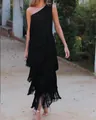 Elegant black one-shoulder fringe midi dress for parties and summer evening events - S / Dresses / Black