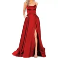Elegante vestido de noche largo de satén rojo con tirantes finos y abertura lateral alta - S / Vestidos / Rojo