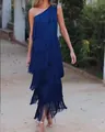 Elegant navy blue one-shoulder dress with tiered fringe layers for evening events - S / Dresses / Blue