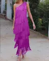 Vibrant purple fringe one-shoulder asymmetric tiered mini dress for party and evening - S / Dresses / Purple