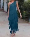 Elegant teal one-shoulder fringe asymmetric dress for evening parties and cocktail events - S / Dresses / Teal