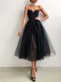 Elegant black spaghetti strap mesh midi dress featuring a sweetheart neckline and front slit - S / Dresses / Black