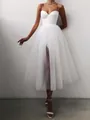 Elegant white spaghetti strap tulle midi dress with a sweetheart neckline and high slit. - S / Dresses / White