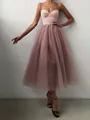 Elegant mauve spaghetti strap mesh midi dress with a structured corset bodice and tulle skirt - S / Dresses / Pink