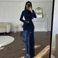 Elegant navy blue floral lace evening gown featuring ruffled sleeves and mock neck - S / Dresses / Dark Blue