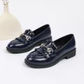 Mocassins en cuir verni bleu marine rétro pour femmes avec franges et boucle dorée - 35 / Bleu marine