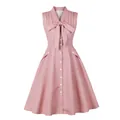 Robe vintage rose sans manches à pois avec nœud lavallière et boutons sur le devant - S / Robes / Rose