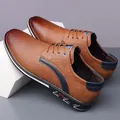 Stylish brown men's casual leather shoes with navy accents and durable white soles - 38 / Orange